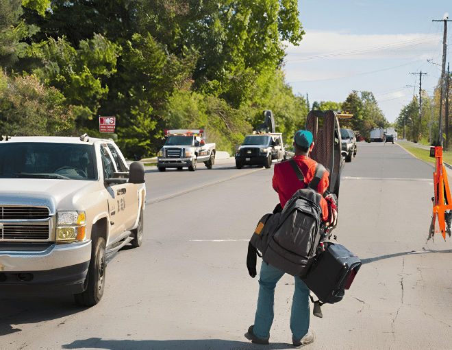 A hitchhiker stands on the sidewalk, backpack on, thumbing a ride as a big tow truck approaches in the distance, ready to assist.