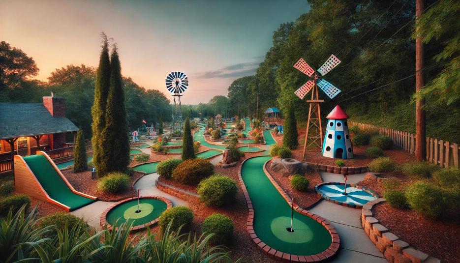 A scenic evening mini golf course in Raleigh, NC, surrounded by greenery.