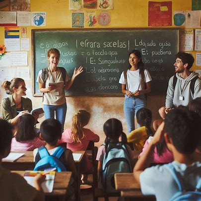 volunteers teaching children
