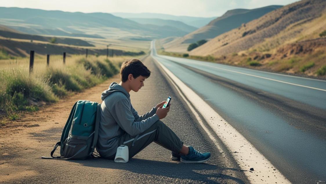 Hitchhiker plays phone puzzle game while waiting roadside with backpack and hills.