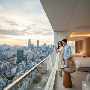 A couple having a stay inside a luxury hotel having a morning view of the city.