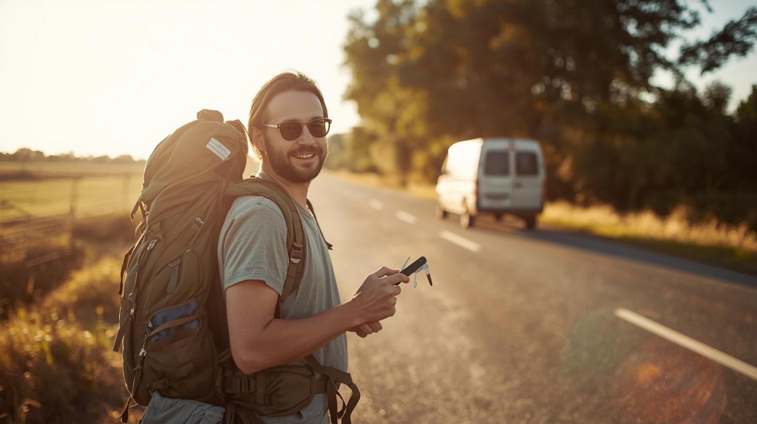 Smiling hitchhiker pauses roadside holding compact multitool, ready for the journey ahead.