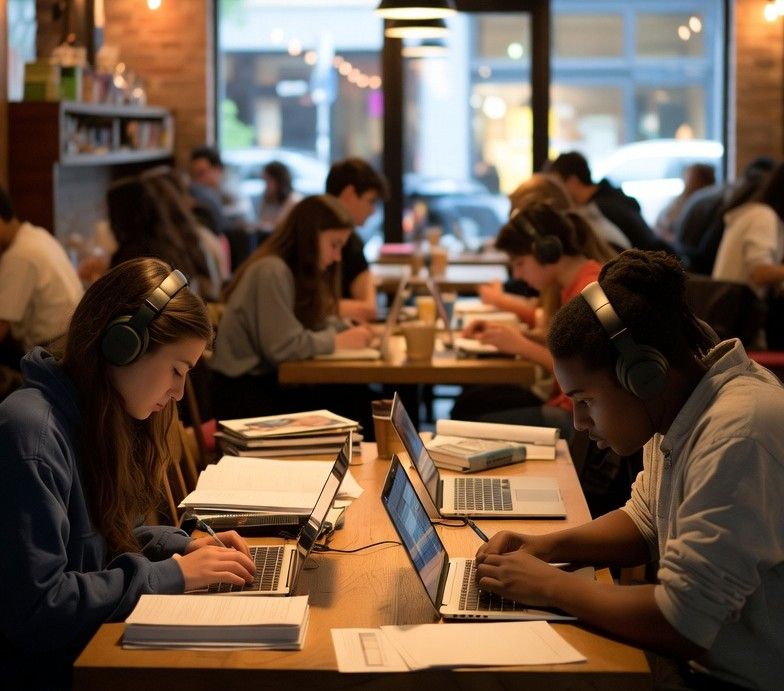 coffee shop near a university with students studying