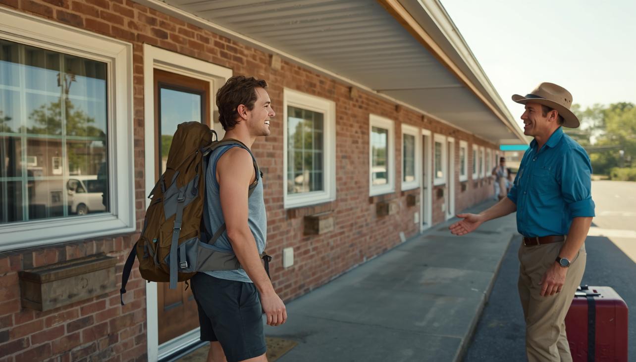Backpacker arriving at clean roadside motel in Buffalo during bright hopeful morning journey.
